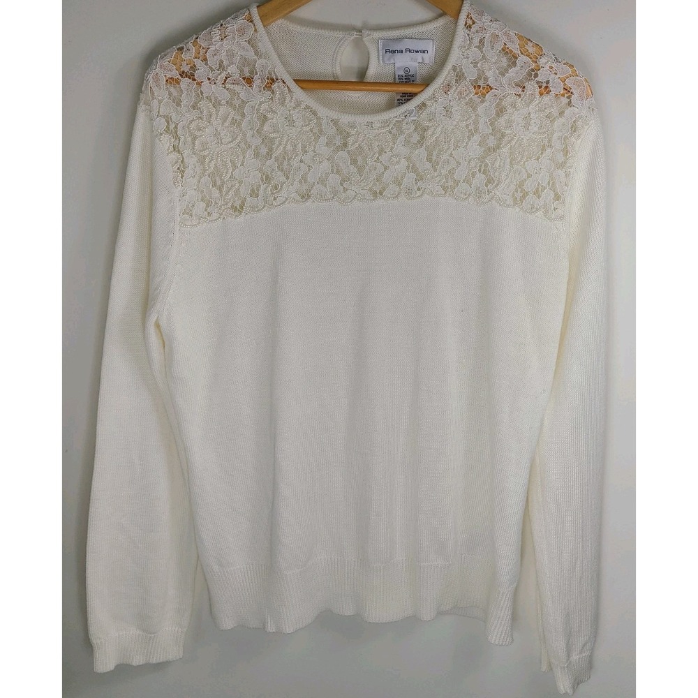 Vtg Rena Rowan Ivory Knit Lace Pearl Embellished Knit Blouse Top Womens Size L